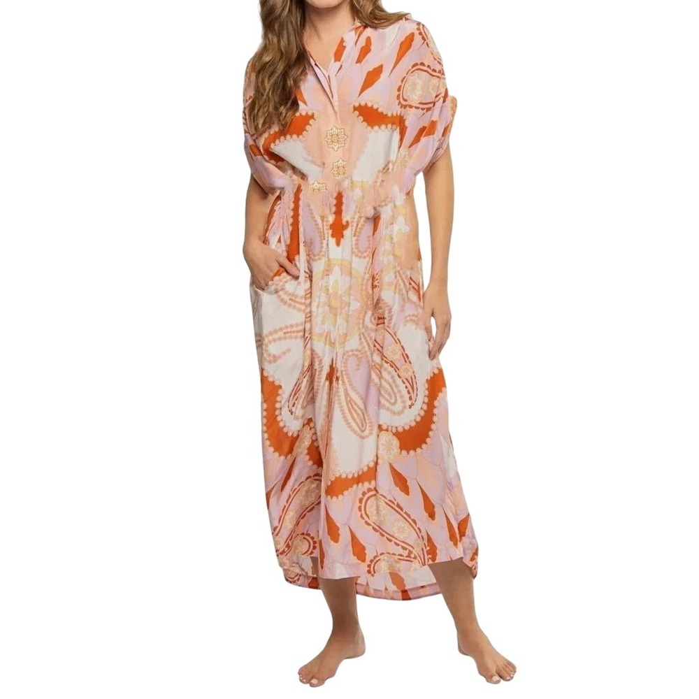 Carolina K Multicolor Paisley Short Sleeve Tunic Maxi Shirt Dress Womens XS-M